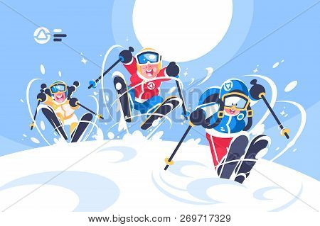 Happy Children Skiing Flat Poster. Cartoon Smiling