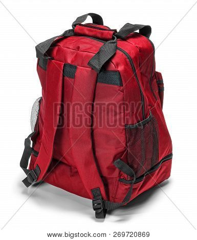 Red Backpack In White Back With Shadow