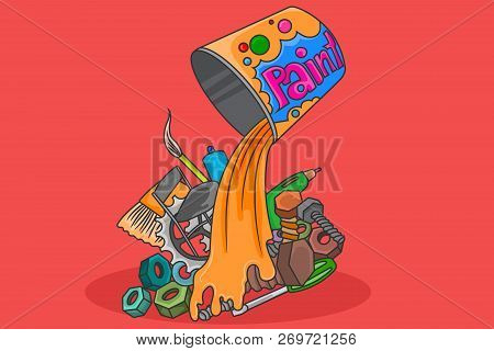 Paint And Tools Scene Vector Concepts On A Red Backgrounds