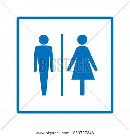 Blue Silhouette Men And Women Icon In White Square. Sign Restroom Women And Men. Icon Public Toilett