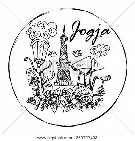 Doodle Of Yogyakarta City Of Indonesia. Hand Drawing Illustration.