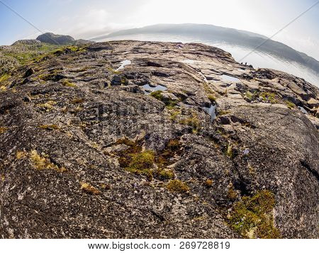 Fish Eye Image Of Coastline Of Barents Sea In Northern Polar Summer. Arctic Ocean, Kola Peninsula, R
