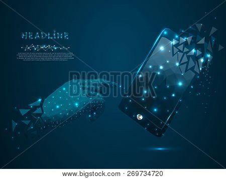 Mobile Phone Vector Polygonal Wireframe Mobile Phone With A Gradient Dark Blue Screen, Man Hand Poin