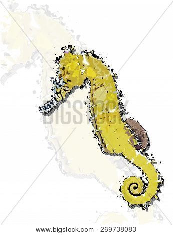 Seahorse Yeallow Colorful Realistic Hand-drawn Sketch Style Isolated Vector Illustration With Big Tr
