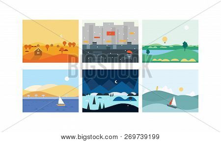 Natural Landscape Set, Beautiful Scenes Of Nature, Winter, Spring, Summer, Autumn Horizontal Nature 