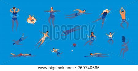 Collection Of People Dressed In Swimwear In Swimming Pool. Bundle Of Men And Women In Swimsuits Perf