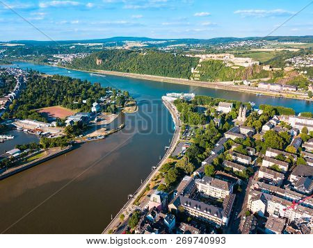 Koblenz Aerial Panoramic View. Koblenz Is A City On The Rhine Where It Is Joined By Moselle River.