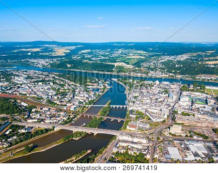 Koblenz Aerial Panoramic View. Koblenz Is A City On The Rhine Where It Is Joined By Moselle River.