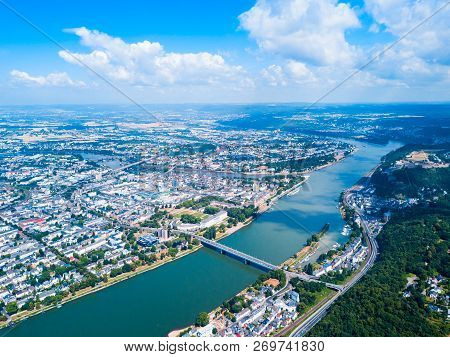 Koblenz Aerial Panoramic View. Koblenz Is A City On The Rhine Where It Is Joined By Moselle River.