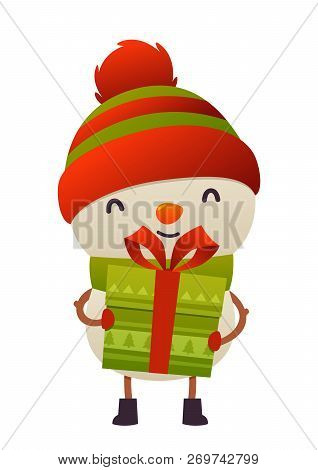 Happy Cute Cartoon Snowman With Gift Present Isolated On White Background