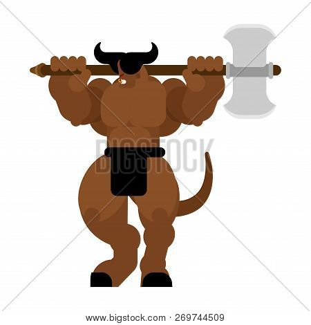 Minotaur Strong. Powerful Half Human Half Bull. Mythical Monster With Weapons