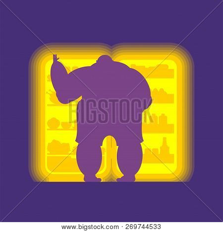 Open Fridge Night And Fat Man. Food Silhouette. Refrigerator For Glutton