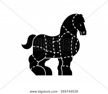 Cut Of Meat Horse. Racehorse Silhouette Scheme Lines Of Different Parts Meat. How To Cut Flesh Equin