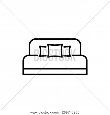 Black & White Vector Illustration Of Daybed With Headboard 2 Pillows. Comfortable Sofa. Line Icon Of