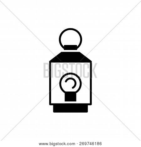 Black & White Vector Illustration Of Lantern Table Lamp. Flat Icon Of Portable Light Fixture. Indoor