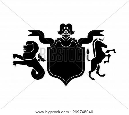 Heraldic Shield Sea Lion And Unicorn And Knight Helmet. Fantastic Beasts. Template Heraldry Design E
