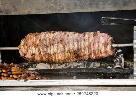 Turkish Cag Kebab Being Cooked In Fire In Display