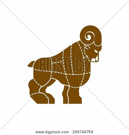 Cut Of Meat Ram. Sheep Silhouette Scheme Lines Of Different Parts Meat. How To Cut Flesh Farm Animal