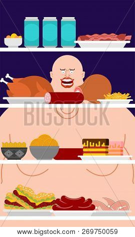 Open Fridge Night And Fat Man. Food Silhouette. Refrigerator For Glutton