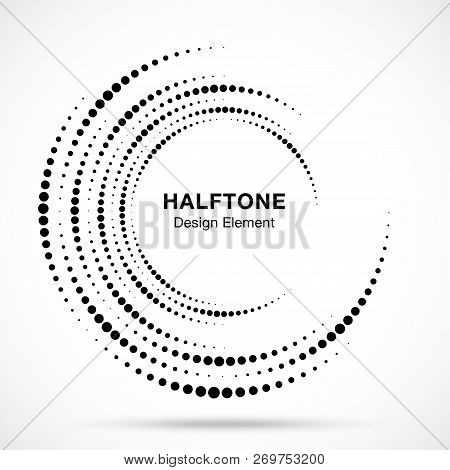Halftone Vortex Circle Frame Dots Logo Isolated On White Background. Circular Swirl Design Element F
