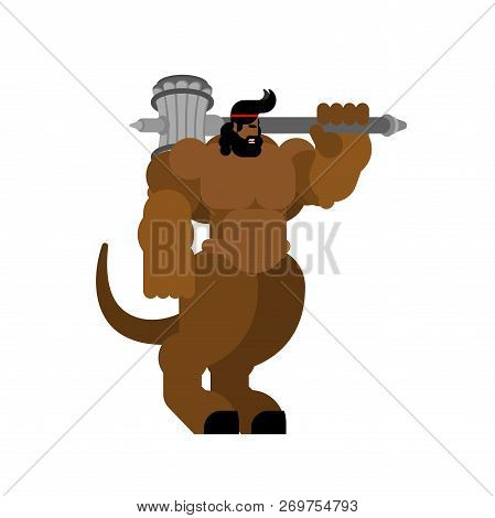Minotaur Strong. Powerful Half Human Half Bull. Mythical Monster With Weapons