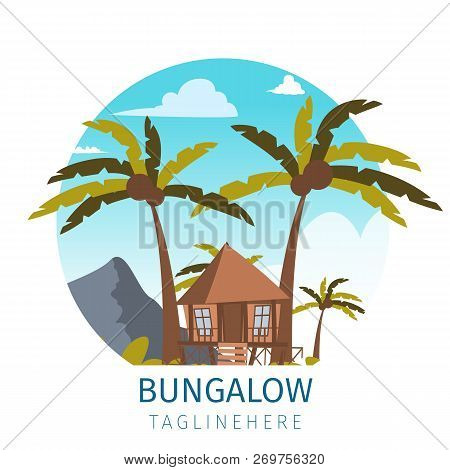 Vector Drawing Image The Bungalow Located Island. Banner Vector Illustration Of A Cartoon Villages W