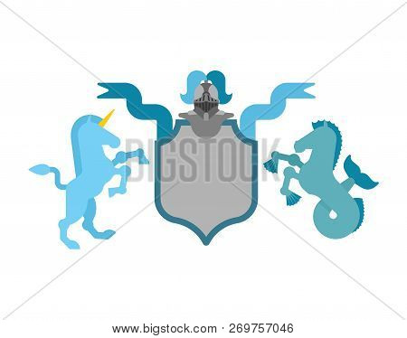 Heraldic Shield Unicorn And Hippocampus And Knight Helmet. Fantastic Beasts. Template Heraldry Desig