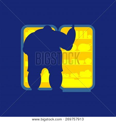 Open Fridge Night And Fat Man. Food Silhouette. Refrigerator For Glutton