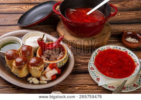 Traditional Ukrainian Borscht. Borscht Pan. Borsch Fresh Ukrainian Red. Full Pan Of Delicious Red Bo