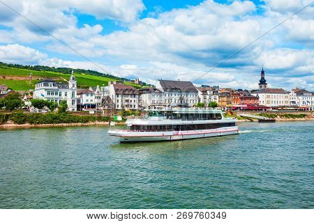 Tourist Cruse Boat Near The Bingen Am Rhein Town At The Rhine Valley In Germany