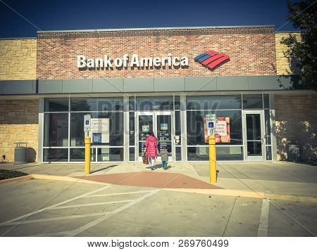 Customers Visit Bank Of America Office In Coppell, Texas, Usa, Filtered Tone Image