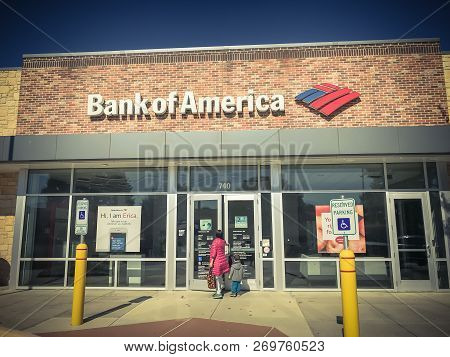 Customers Visit Bank Of America Office In Coppell, Texas, Usa, Filtered Tone Image