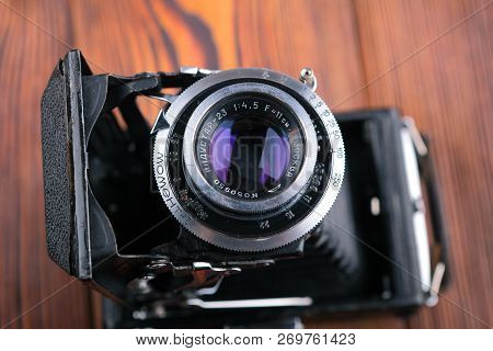 Moscow, Russia, April 14, 2017. The Old Soviet Medium Format Scaling Camera Moskwa-3, Released1951.