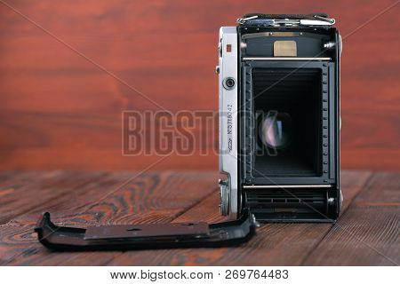 Moscow, Russia, April 14, 2017. The Old Soviet Medium Format Rangefinder Camera Moskwa-5, Released19