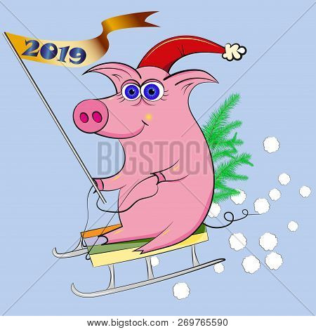 The New Year Pig With New Year Tree With Sled