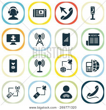 Connection Icons Set With Mobile Network, Call, Handset Mobile Communication Elements. Isolated Vect
