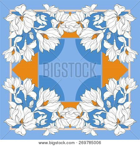 Card, Bandana Print, Kerchief Design, Napkin. Dark Blue Beige Ornate Pattern On Pastel Vlue. Ready F