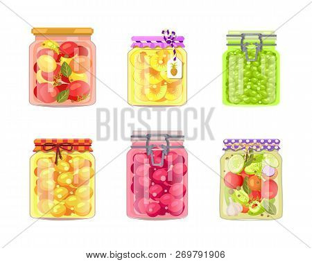 Preserved Food Vegetable, Fruit And Berries. Canned Tomatoes And Zucchini, Peaches Slices, Apricots 