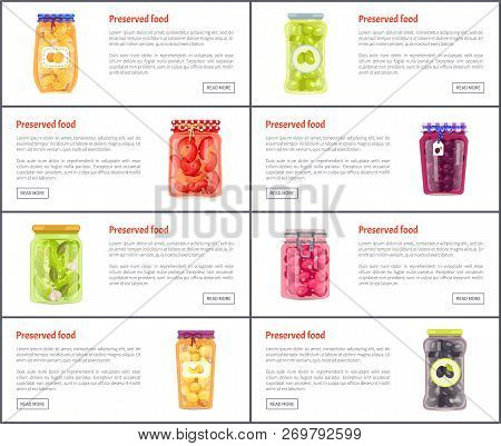 Preserved Food Banners Set Of Fruits And Vegetables. Spicy Canned Products Or Jam With Compote Web O