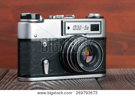 Moscow, Russia, April 11, 2017. The Old Soviet Rangefinder Camera Fed-5b, Released1976.