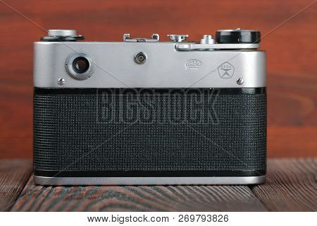 Moscow, Russia, April 11, 2017. The Old Soviet Rangefinder Camera Fed-5b, Released1976.