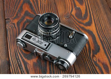 Moscow, Russia, April 11, 2017. The Old Soviet Rangefinder Camera Fed-5b, Released1976.