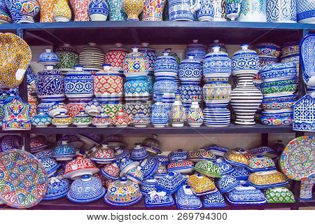 Traditional Ceramic Pottery On Morocco Bazaar, Marakesh
