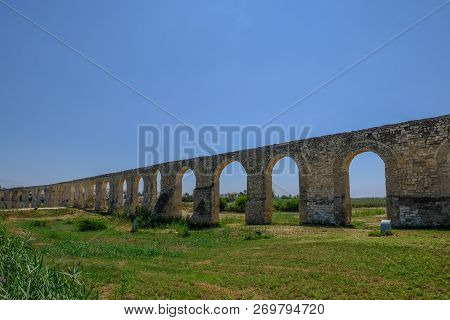 View Of Aqueduct At Kamares, Larnaca.  Landscape Shot With Wide Angle.  Taken On A Sunny Morning In 