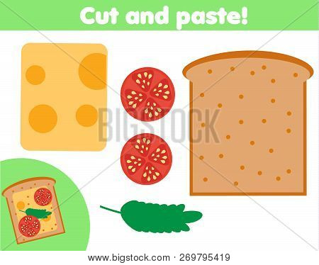 Creative Children Educational Game. Paper Cut Activity. Make A Sanwich With Glue And Scissors