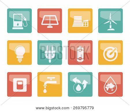 Ecology, Power And Energy Icons Over Colored Background - Vector Icon Set