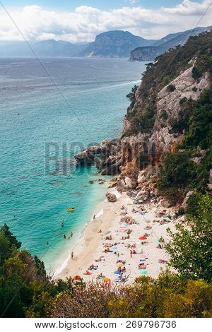 Top View Of Beautiful Sandy Beach Cala Fuili With Clear Sea Water In Sardinia, Italy