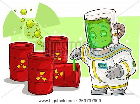 Cartoon Scientist In Protective Suit With Uranium Core. On Green Background With Red Metal Barrels A