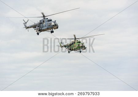 Tyumen, Russia - June 21, 2017: Army Games. Safe Route Contest. Pair Of Military Helicopter Mi-8 In 