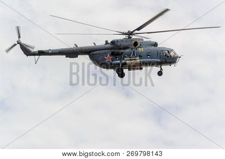 Tyumen, Russia - June 21, 2017: Army Games. Safe Route Contest. Military Helicopter Mi-8 In The Clou